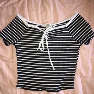 Striped Off the Shoulder Lace up Crop Top